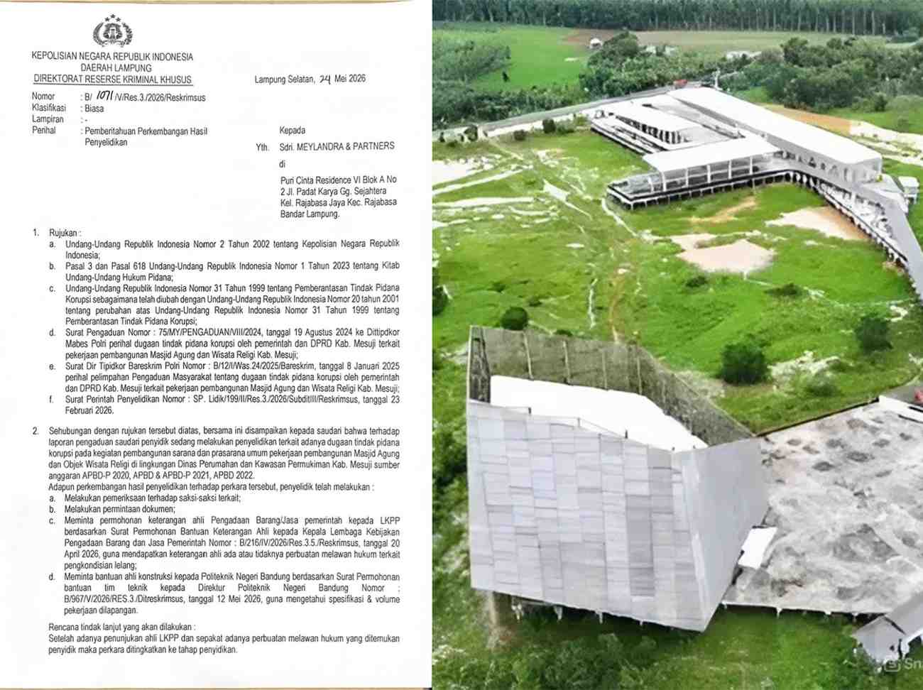 Berkas Dugaan Korup Islamic Center Mesuji Rp75 Miliar Akhirnya Masuk Meja Penyidik