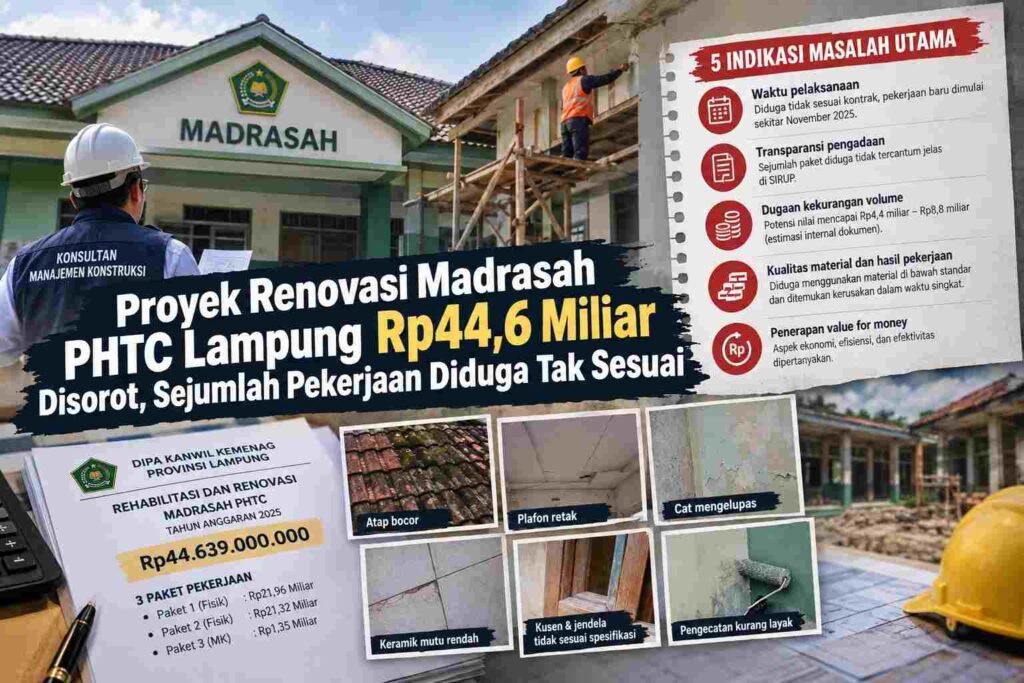 Proyek Renovasi Madrasah Kemenag Lampung Rp44,6 Miliar Disorot, Dugaan Kekurangan Volume Mencapai Rp8,8 Miliar